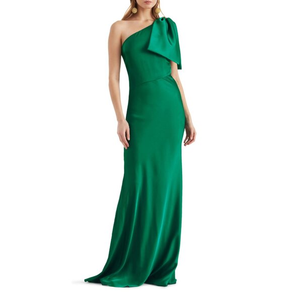 Sachin & Babi Size 6 Kelly Green Aubrey Satin One Shoulder Bow Gown Maxi Dress - Picture 2 of 4